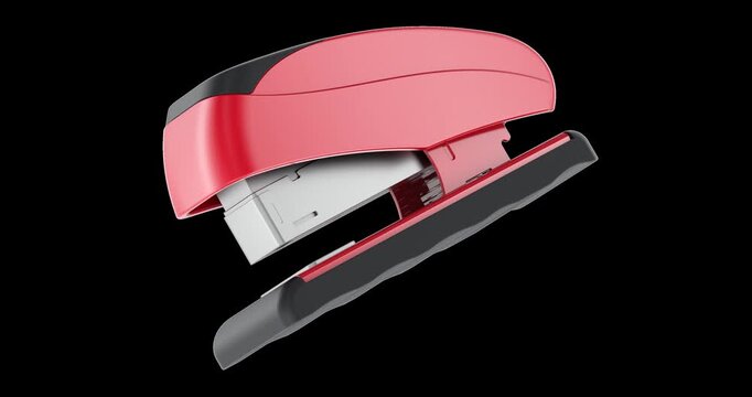 Red office stapler rotation animation seamlessly loopable. 3D rendering isolated on transparent background