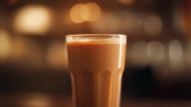 Smooth Dolly Shot of Rich Caramel Colored Milk Tea in Glass on Wooden Table with Bokeh Background Full HD
