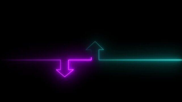 Cyan Down Arrow and Purple Up Arrow Neon Lights on Black Background direction choice