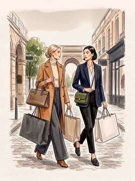 Fashion illustration of two stylish women walking down a cobblestone European street carrying shopping bags and wearing chic autumn outfits