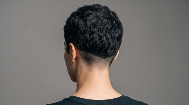 A young woman showcases her short dark hair with a faded pixie cut style that reflects current trends in professional hairstyling for people seeking a bold look while maintaining a natural