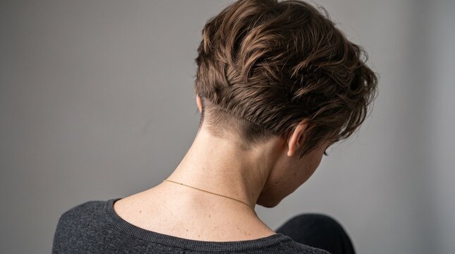 Short brown hair style with shaved nape showing texture and volume from behind view for trendy fashion concepts featuring human neck skin and female posture in natural lighting for wellness