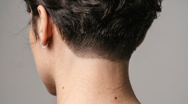 Short hair transformation showing a feminine pixie cut with shaved nape and tapered sides seen from behind for trendy female beauty looks representing fashion forward styling and professional