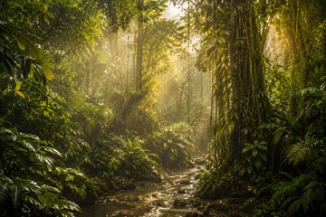 Obraz premium Sunbeams Through a Lush Tropical Rainforest with Flowing Jungle Stream