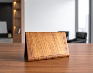 Fototapeta premium Blank wooden desk nameplate mockup on office table