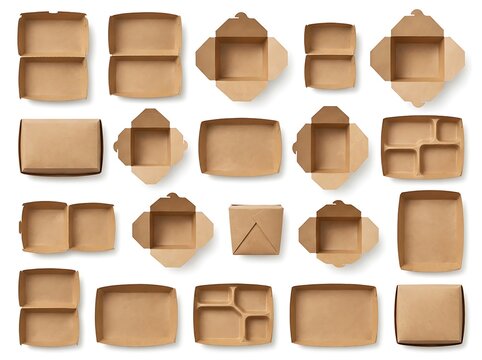 Set of various open cardboard boxes and empty food containers for delivery and takeaway meals top view illustration. customizable takeout boxes