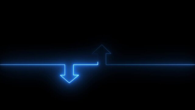 Blue neon arrows pointing up and down on a black background direction choice