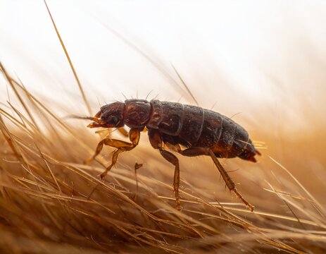 Macro close up of a brown flea on animal fur. 