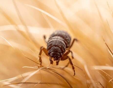 Macro close up of a brown flea on animal fur. 