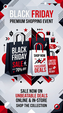 Black Friday sale promotional banner illustration featuring paper shopping bags with geometric shapes in red black and white colors