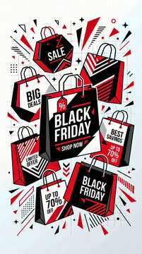 Black Friday sale banner illustration with red and black paper shopping bags featuring discount offers and geometric graphic background elements