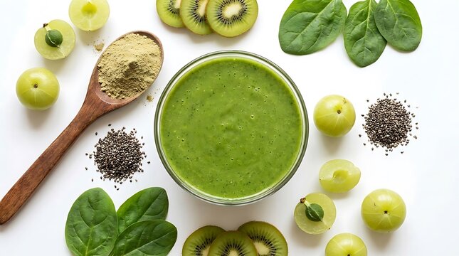 Fresh green smoothie in a glass bowl with kiwi spinach amla and chia seeds for healthy breakfast nutrition and detox drink concept top view flat lay. Amla powder smoothie
 .