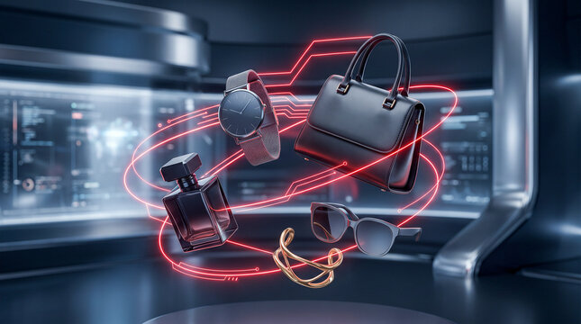 Luxury fashion accessories floating with glowing red digital circuits in a futuristic studio setting