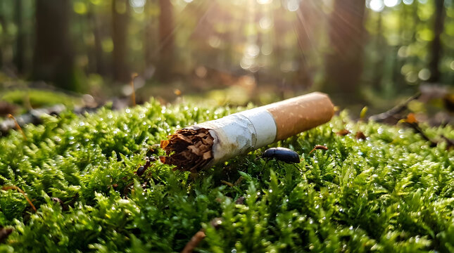Discarded cigarette butt lying on green forest moss