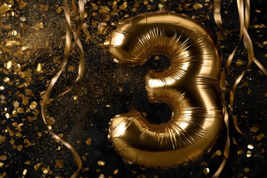 Festive golden number three balloon surrounded by shimmering confetti and curling ribbons on dark background celebrating an anniversary or milestone event