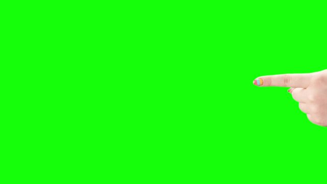 Female hand enters from the right and points directly to the left on a green screen, polished UHD chroma key footage for product callouts, menus, tutorials, ads, and presentations, 4k 60fps