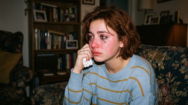 Young woman crying with tears and flushed cheeks at home