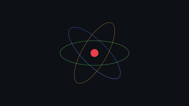 Minimalist atom model animation with rotating orbital rings on dark 4k background, physics science nucleus