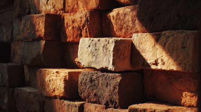 Close-up of rustic red clay bricks stacked in warm sunlight, photorealistic CGI