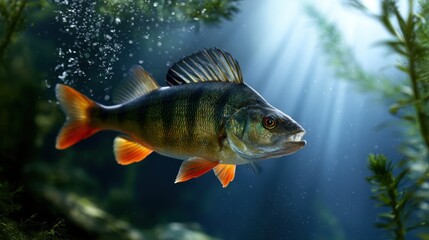 Fototapeta premium Vibrant freshwater fish swimming amidst aquatic plants with sunlight filtering through water in a serene underwater environment