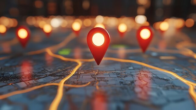 Bright red map pins marking locations on a glowing digital city map, illuminated by orange lines.