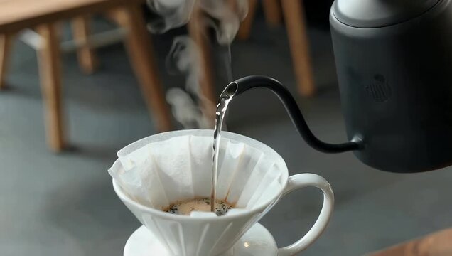Premium 4K macro footage of a barista using a gooseneck kettle to pour hot water into a V60 coffee dripper with visible steam and precise water flow