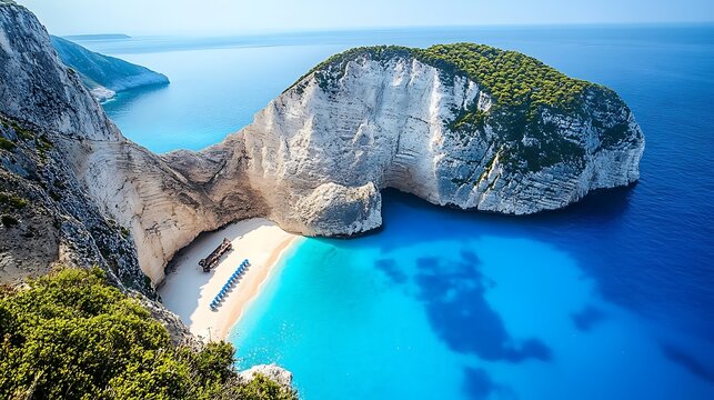 Aerial view of stunning Navagio Beach with shipwreck, white cliffs and turquoise sea in Zakynthos, Greece