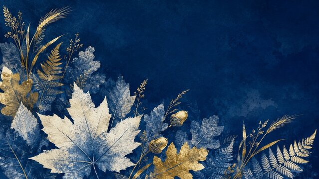 Navy Thanksgiving Botanical Border with Gold and White Leaves