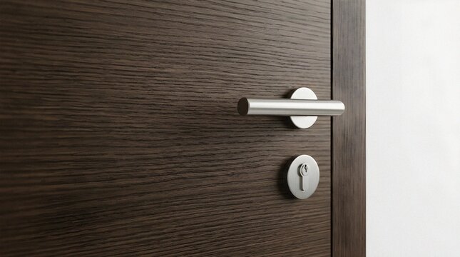 Modern dark wood door with a brushed steel handle and lock close-up