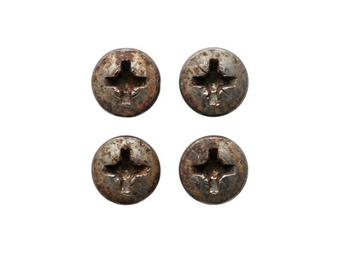 Four weathered and rusted phillips head screws isolated on transparent background