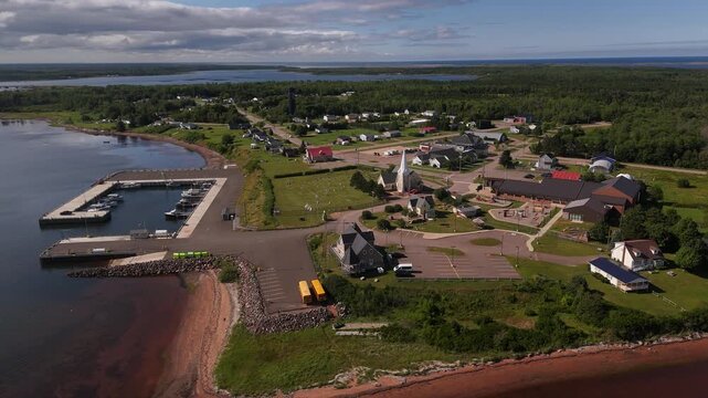 Aerial Drone Orbit of Lennox Island Mi'kmaq First Nation Community and Harbour, Prince Edward Island, Canada, 4K