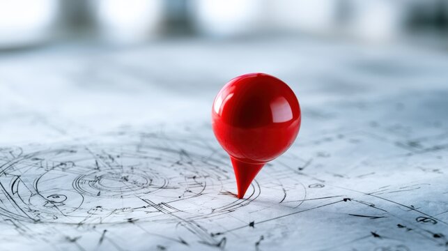 Red pushpin marking a point on detailed technical blueprint with engineering sketches and schematics in soft focus background
