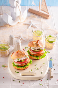 Healthy and fresh fish burger as healthy snack for lunch.