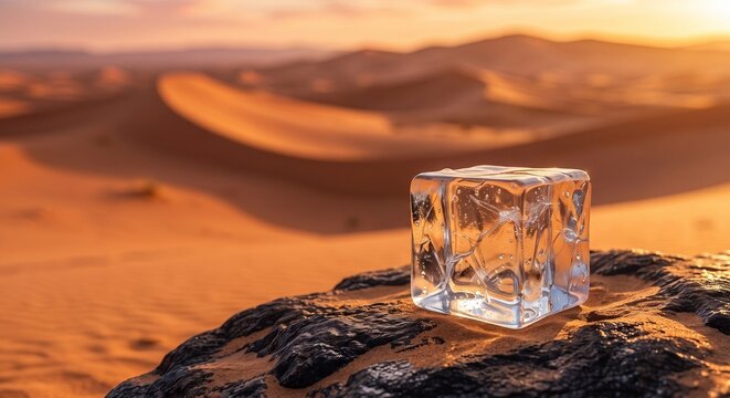 Melting ice cube on a dark rock in the hot desert sand dunes during sunset