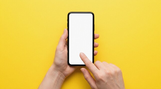 Person holding phone with blank screen, touching display on yellow background