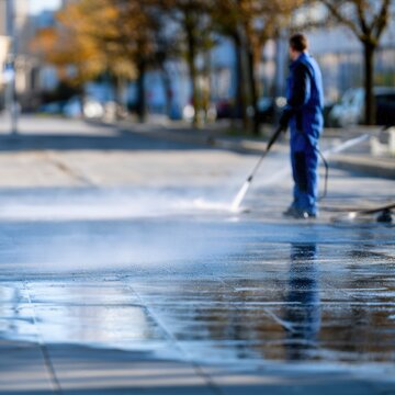 Worker cleaning a wet outdoor pavement with a pressure washer on a city street during daytime with autumn trees in the background