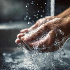 Fototapeta premium Person washing hands thoroughly with soap and water under running faucet for effective hygiene and cleanliness to prevent germs and illness transmission
