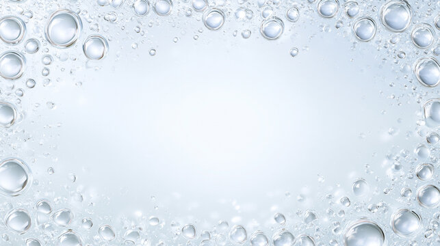 透明な水滴と気泡が周囲を囲む清涼感のある淡いブルーのフレーム背景
