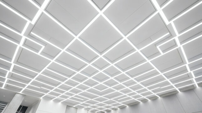 Corporate minimalist office lobby ceiling with graphic grid pattern of recessed linear LED light bars abstract tech background