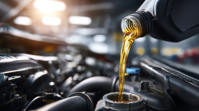 Pouring fresh golden engine oil into a modern car engine to ensure smooth performance and proper lubrication under bright workshop lighting conditions