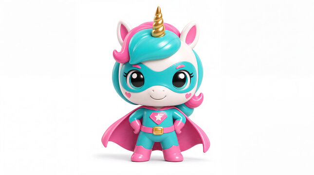 Adorable cartoon unicorn superhero with cyan hair, gold horn, turquoise mask and suit, pink cape and boots, smiling confidently with hands on hips