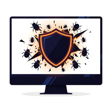 Computer screen with shield and bugs.