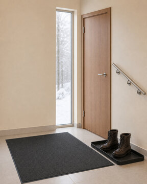 Winter entryway with a large absorbent doormat, boot tray and snowy window beside a wooden door, 冬の玄関の大判吸水マットとブーツトレー 雪の窓辺と木のドア