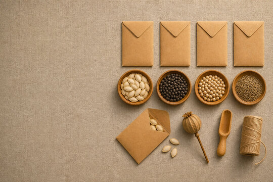 Seed saving flat lay with kraft seed envelopes, wooden bowls of seeds, poppy pod, scoop and twine on linen, クラフトの種袋と木のボウルに分けた種 ケシの実と木のスプーンと麻紐