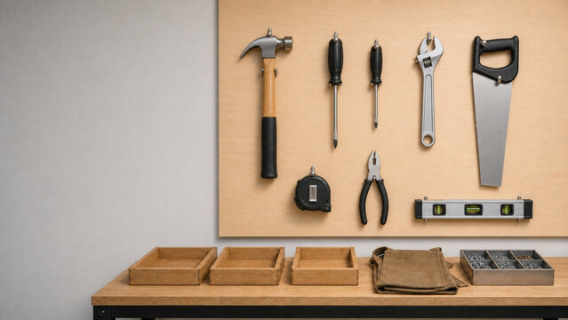 Hand tools arranged on a plywood wall above a workbench with wooden trays, apron and sorted fasteners, 合板の壁に整列した工具と作業台 木のトレーとエプロンとビス