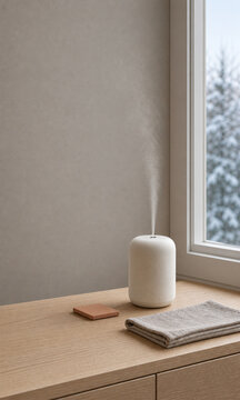 Ceramic humidifier releasing a fine mist on a wooden sideboard by a window with snow covered trees outside, 窓辺の木の棚で霧を上げる陶器の加湿器 雪の木立と静かな冬の室内