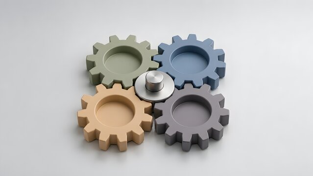 Industrial process integration concept with four colorful interlocking gears around a central silver pin representing business strategy and mechanical teamwork
