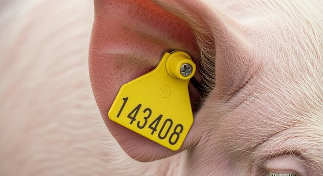Extreme close up of a yellow plastic identification animal ear tag on a domestic healthy pig ear.