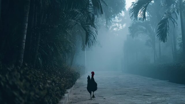 A lone rooster walks down a foggy path flanked by dark trees and dense foliage