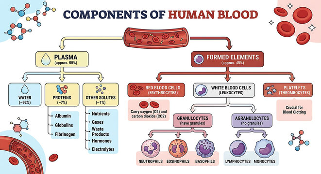 Components of Human Blood Infographic with Plasma, Red Blood Cells, White Blood Cells and Platelets Educational Medical Diagram